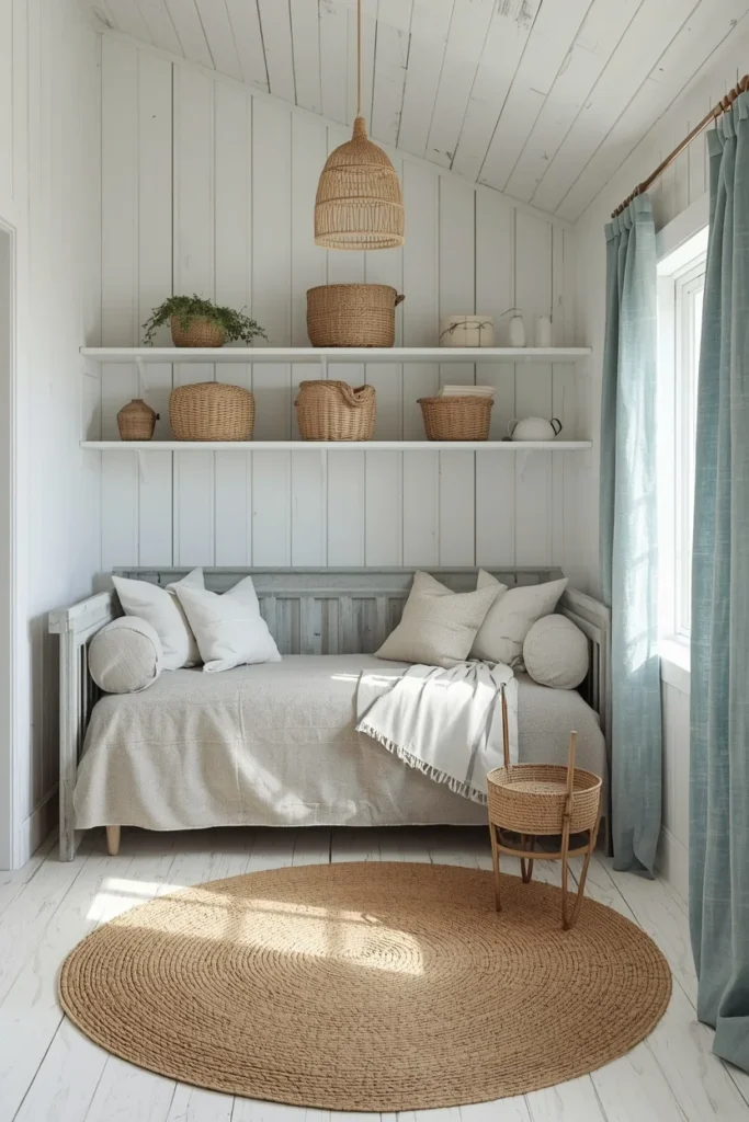 coastal cottage she shed interior, featuring whitewashed wood wall paneling