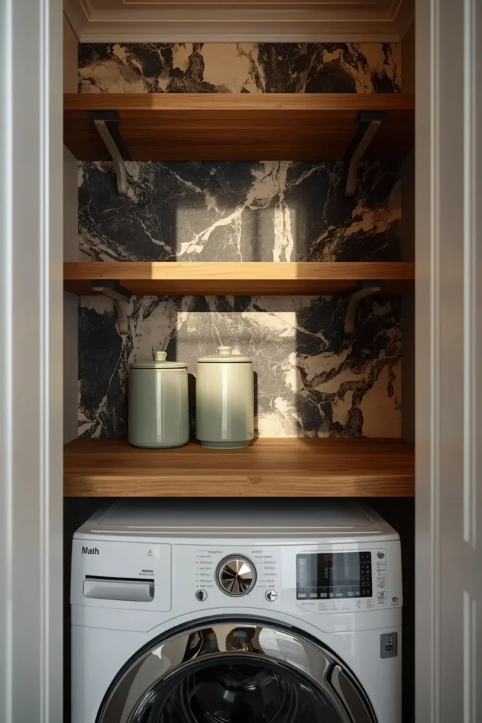 21 Small Laundry Room Ideas That Pack Function & Style Into Every Inch 10 laundry closet, featuring a marbled charcoal and cream wallpaper