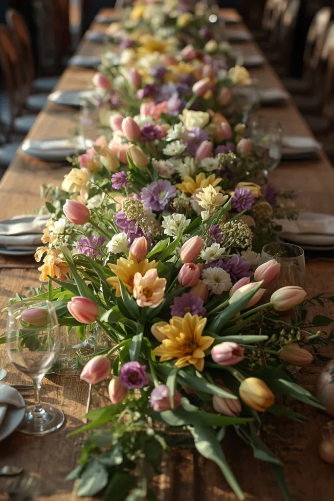 16 Spring Tablescape Ideas That Make Every Meal Feel Like a Garden Party 10 long table centerpiece featuring an abundant loose arrangement of tulips