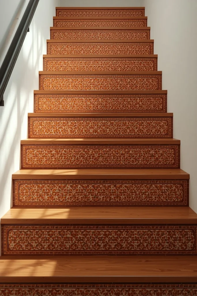 staircase, featuring patterned terracotta-toned Mediterranean tile 