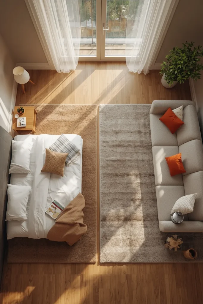 studio apartment, featuring two distinct area rugs