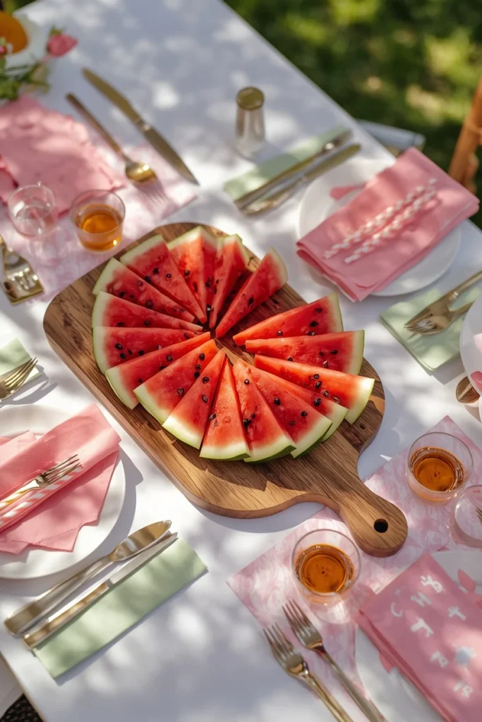  outdoor party dining table, featuring fanned watermelon wedges