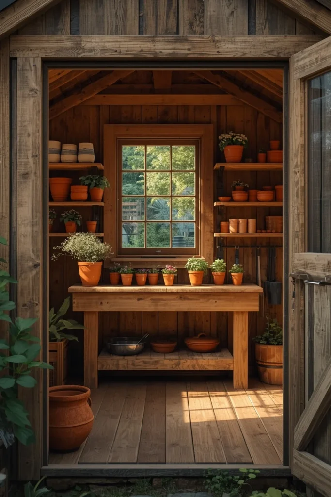 19 Summer House Ideas That Make Your Garden Feel Like a Vacation Destination 10 garden potting shed, featuring a rustic timber structure