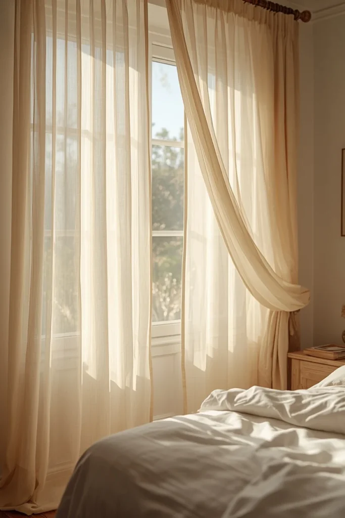 summer house bedroom, featuring sheer linen curtains