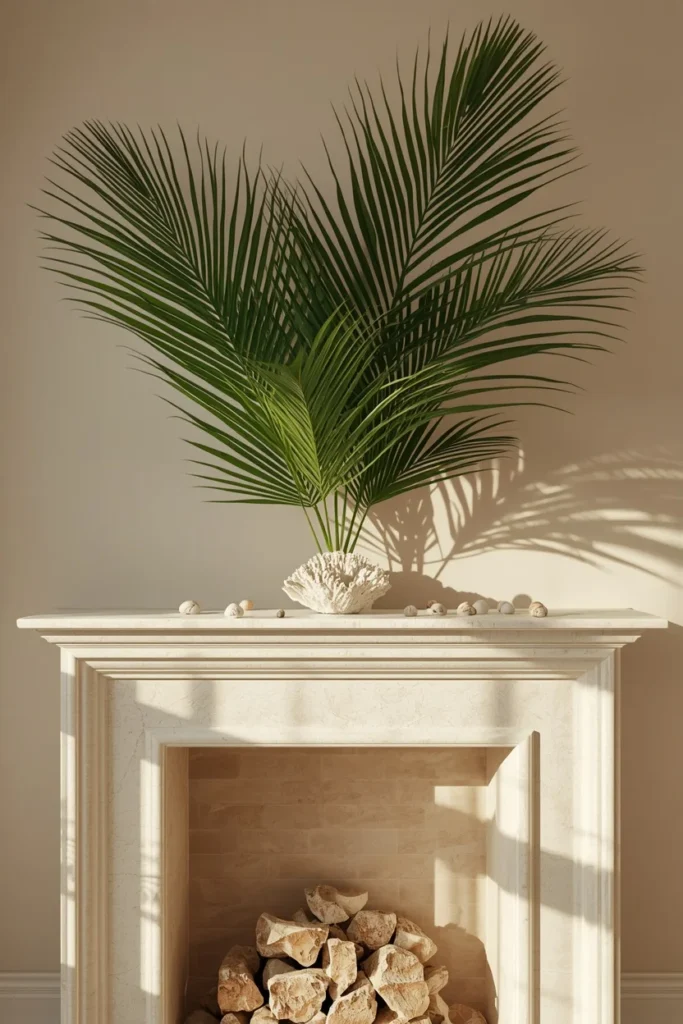  fireplace mantel, featuring large tropical palm fronds 