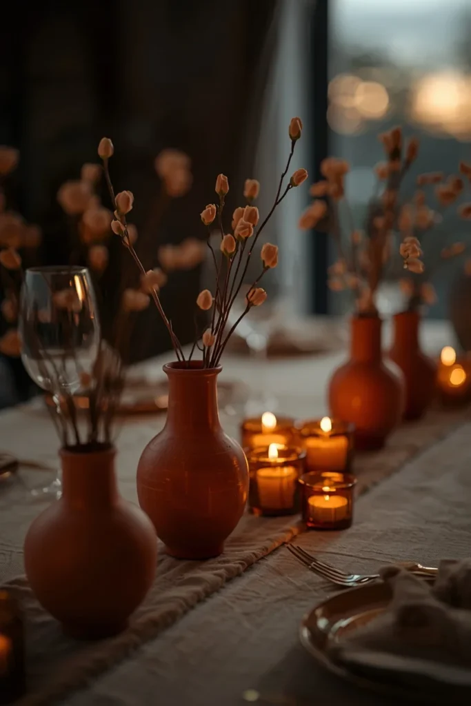 evening dinner table featuring terracotta bud vases
