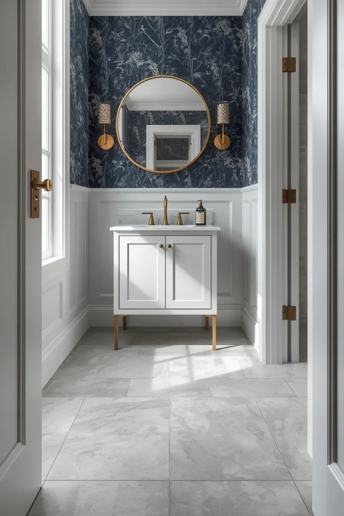 small powder room, featuring large-format light gray floor tile