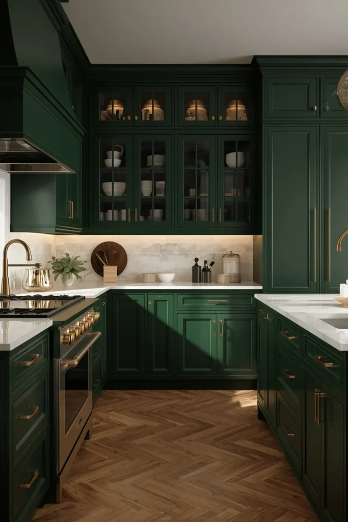  kitchen, featuring deep forest green cabinetry with white marble countertops, 