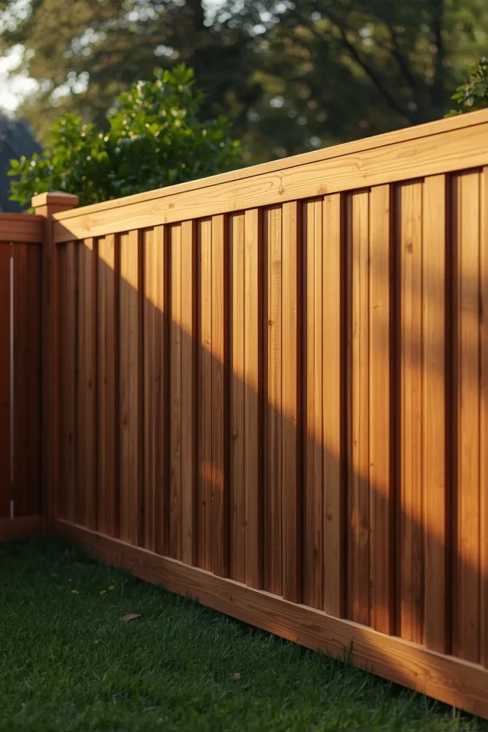  farmhouse backyard exterior, featuring a board-and-batten wood privacy fence 