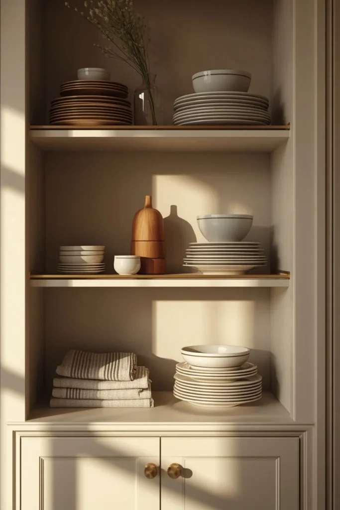 17 Built-In Dining Room Cabinet Ideas That Are Beautiful & Super Practical 9 dining room built-in, featuring open shelving with a thin brass display rail