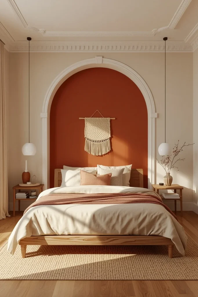 23 Afrobohemian Bedroom Ideas for Warm, Earthy, Soul-Filled Nights 2 bedroom, featuring a deep terracotta accent wall behind a wooden bed frame