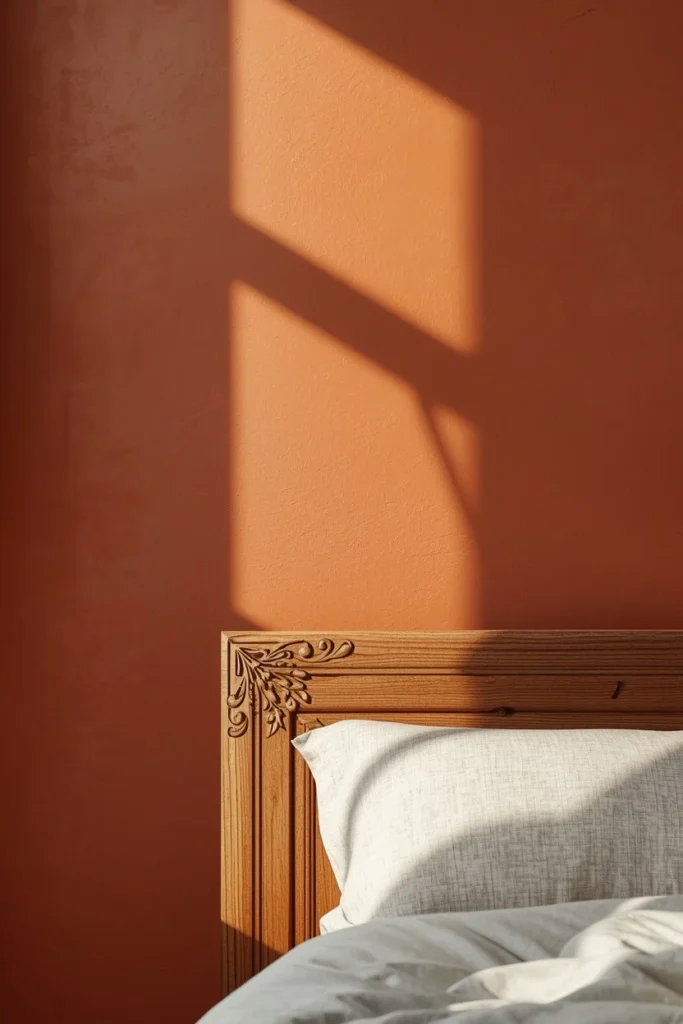  bedroom, featuring a warm terracotta painted accent wall behind a carved wooden bed frame, 