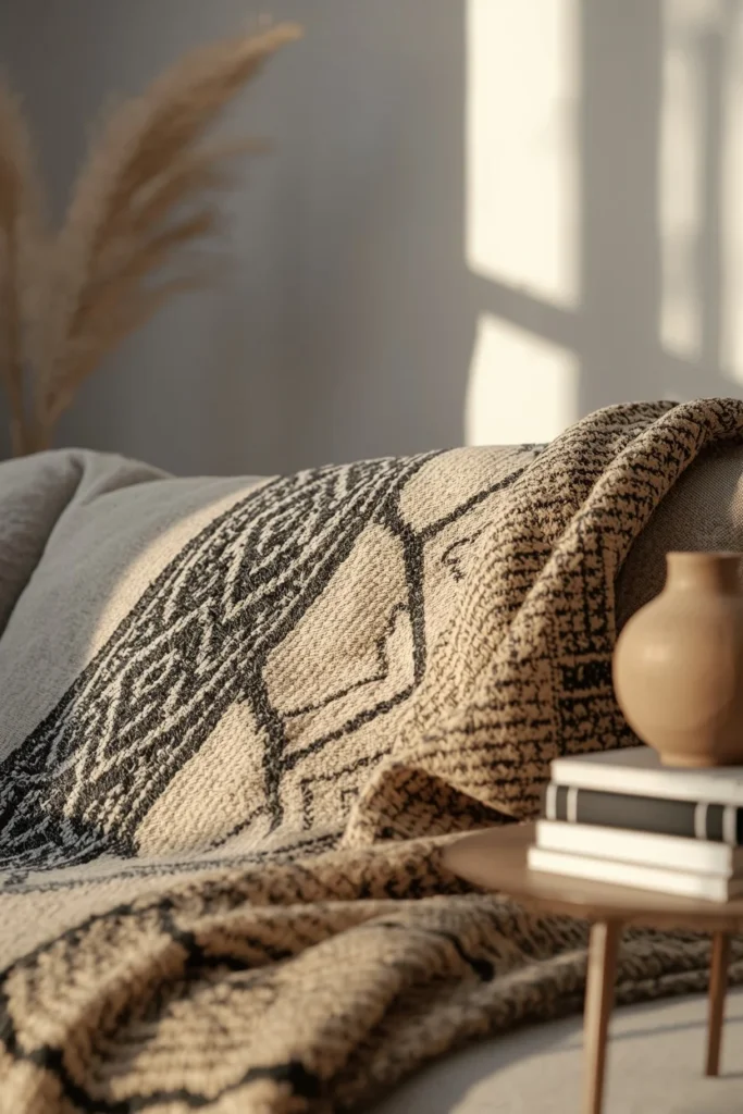  living room close-up, featuring a large authentic mudcloth textile