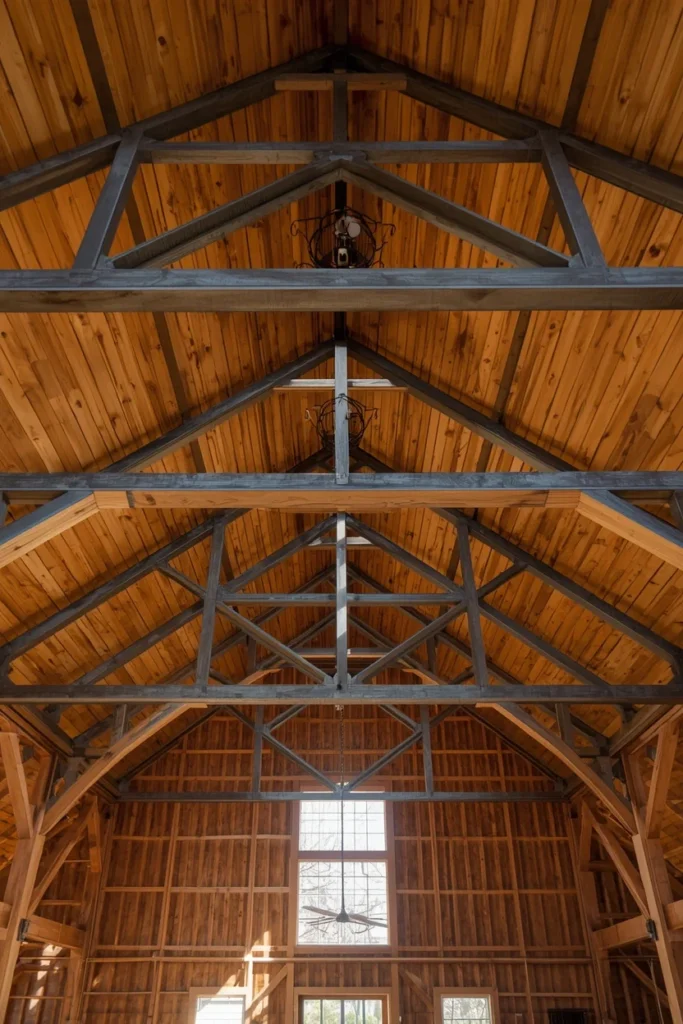 barndominium great room, featuring exposed gray steel trusses 