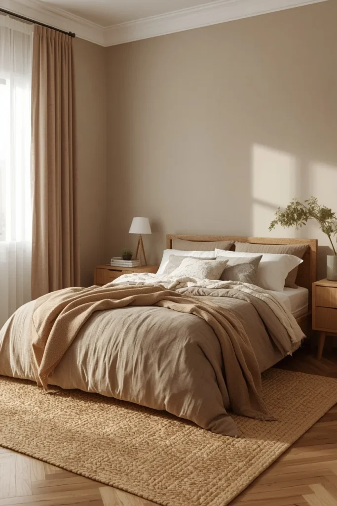 22 Beautiful Bedroom Ideas That Turn Your Room Into a Personal Sanctuary 2 primary bedroom, featuring warm greige walls, layered taupe and cream bedding