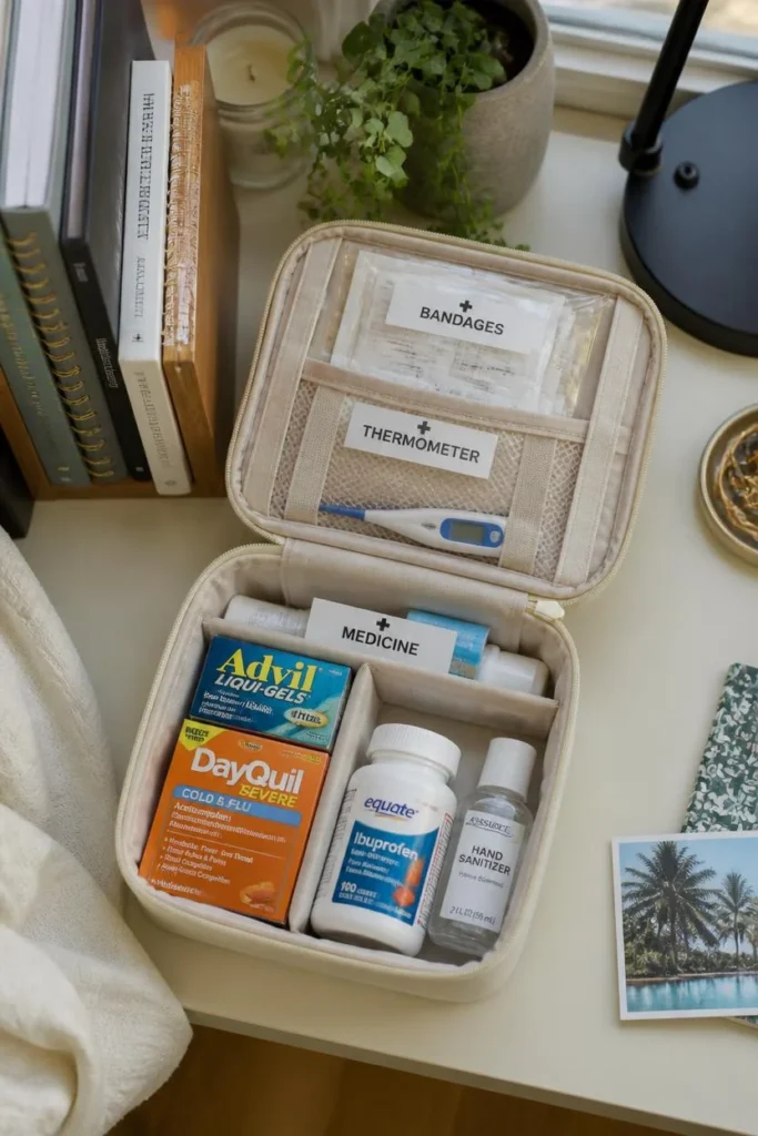  dorm room close-up, featuring an organized first aid kit 