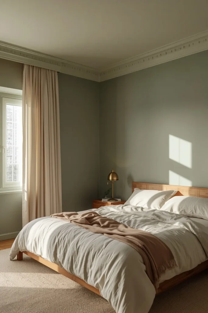 bedroom, featuring a muted sage green ceiling flowing seamlessly into matching walls, 