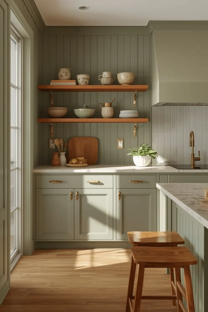  sage green tongue-and-groove paneling on lower walls matching sage cabinetry,