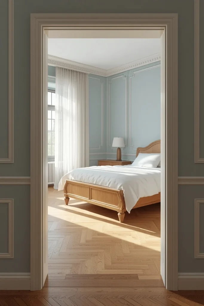 bedroom wide angle shot, featuring soft powder blue walls with crisp white trim