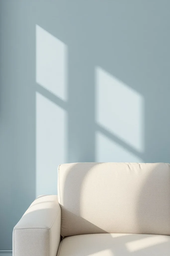  living room, featuring a pale glacial blue accent wall behind a cream sofa, soft afternoon light 