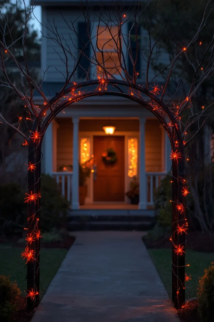 18 DIY Halloween Archway Ideas That Wow Trick-or-Treaters 2 front walkway archway, featuring bare black-painted tree limbs zip-tied