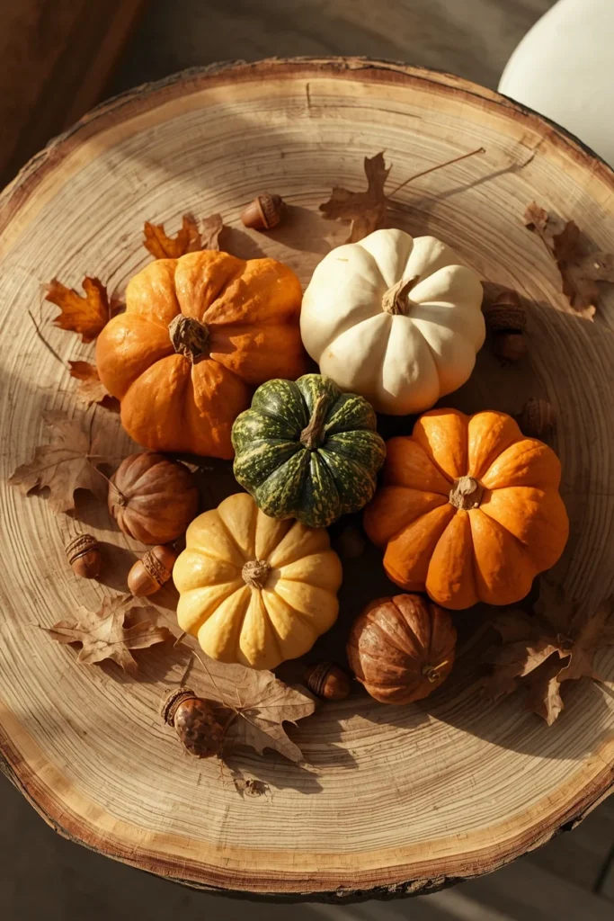 21 Fall Centerpiece Ideas That Take Minutes to Put Together (Easy + Budget-Friendly) 2 dining table close-up, featuring a round raw wood slab base topped with mixed heirloom gourds in orange, green, and cream, scattered acorns and dried oak leaves filling the gaps, soft directional window ligh