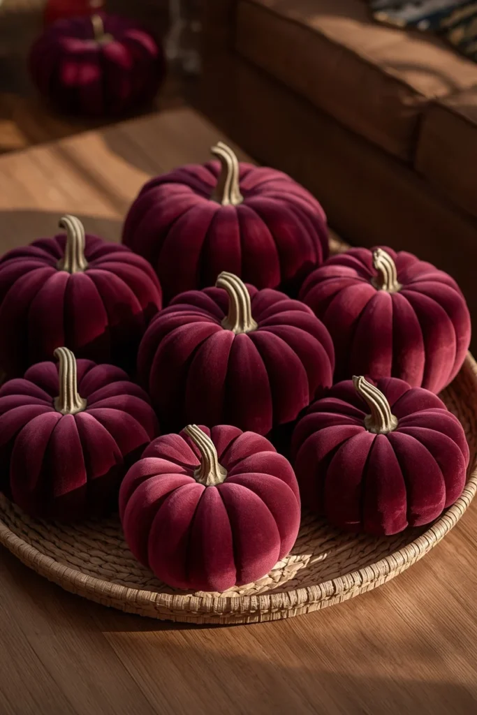 20 Fall Coffee Table Decor Ideas to Steal This Season 2 living room, featuring a cluster of deep plum and oxblood velvet pumpkins