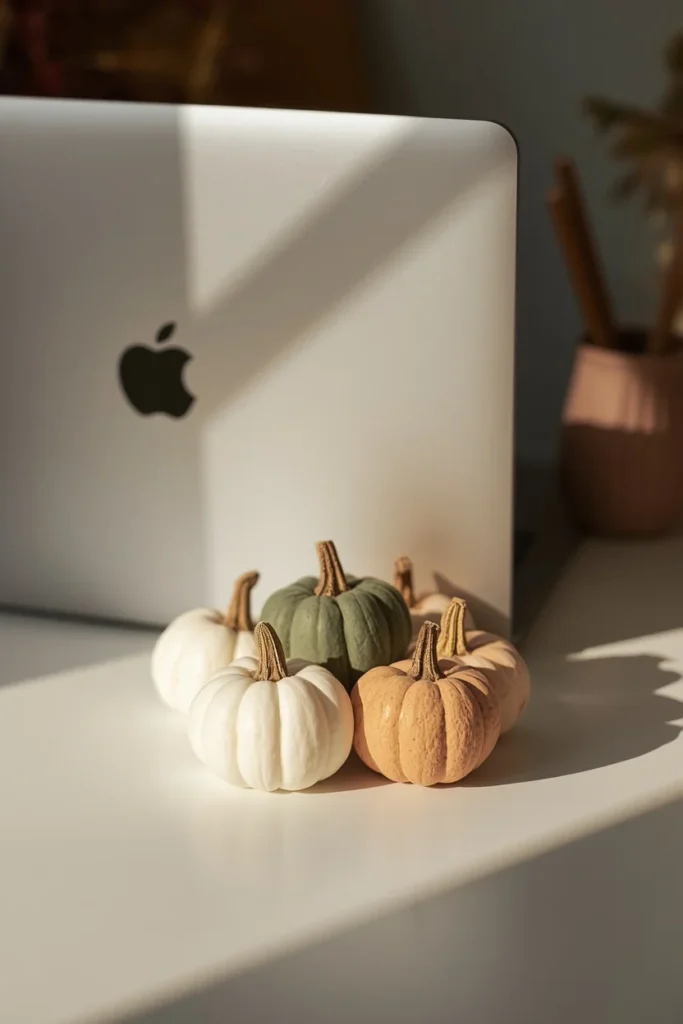 desk decor, featuring a small cluster of mini faux pumpkins