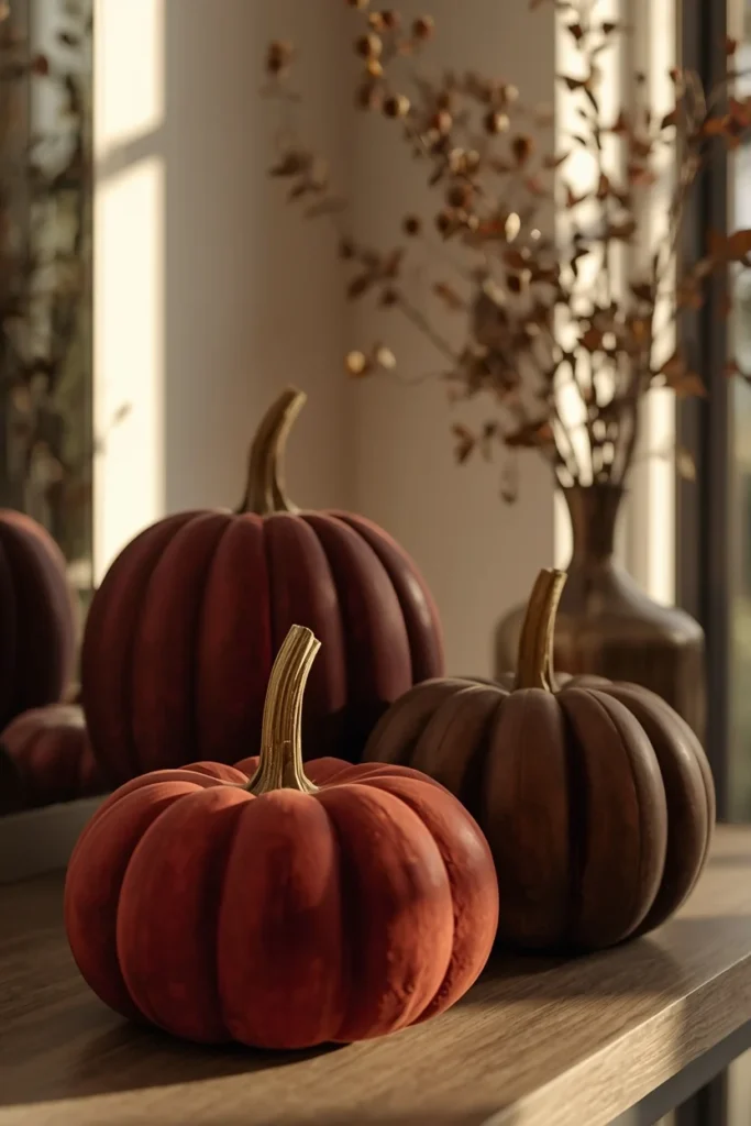 16 Fall Entry Table Decor Ideas That Wow Guests Instantly-Cozy Autumn Entryway Styling 2 entryway console table close-up, featuring a trio of pumpkins in burgundy, oxblood, and chocolate brown