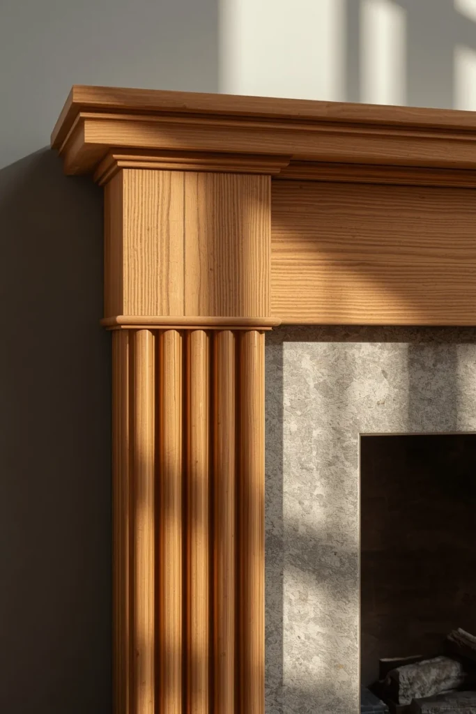 fireplace surround detail, featuring fluted wood mantel legs 