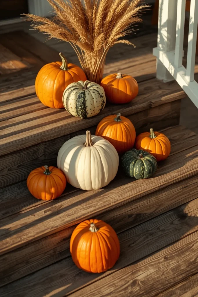  front porch steps, featuring a pyramid arrangement of orange, cream, and deep green pumpkins 