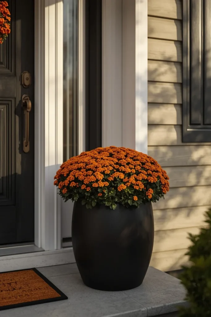 19 Fall Planter Ideas That Bring Instant Curb Appeal 2 front porch, featuring a matte black planter filled with bright orange mums beside a front door,