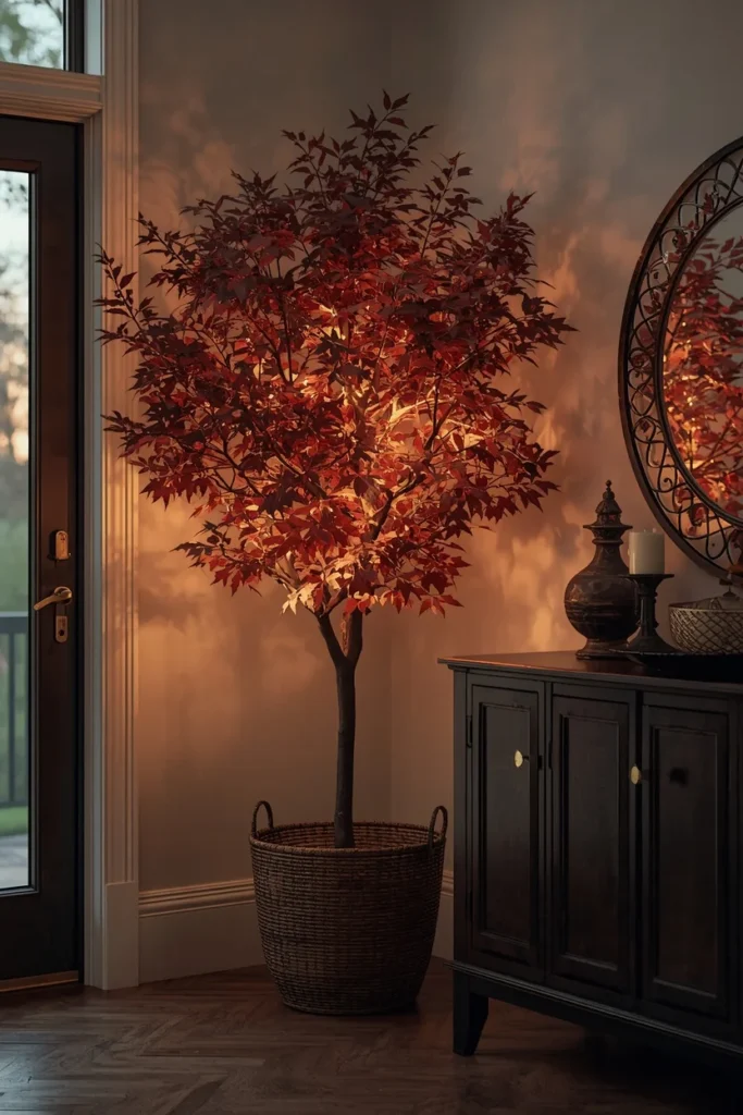 18 Fall Tree Ideas to Decorate Your Home Like a Magazine 2 entryway corner, featuring a 6-foot pre-lit faux maple tree
