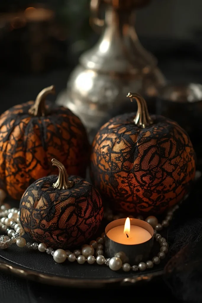 centerpiece close-up, featuring three pumpkins in graduating sizes