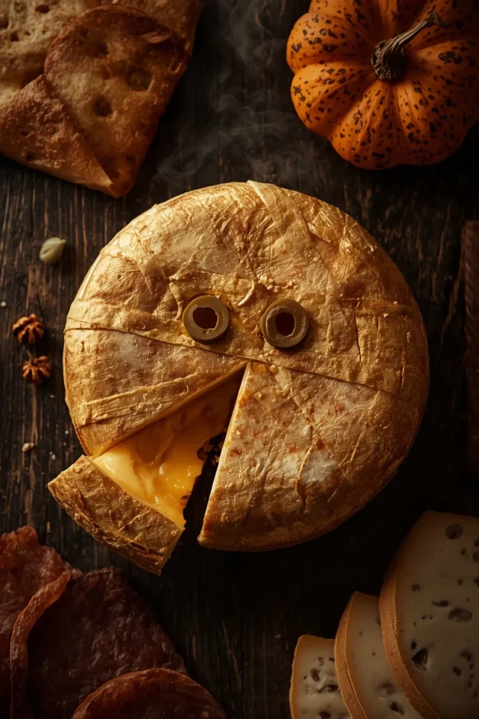 Halloween charcuterie board close-up, featuring a golden mummy-wrapped brie wheel