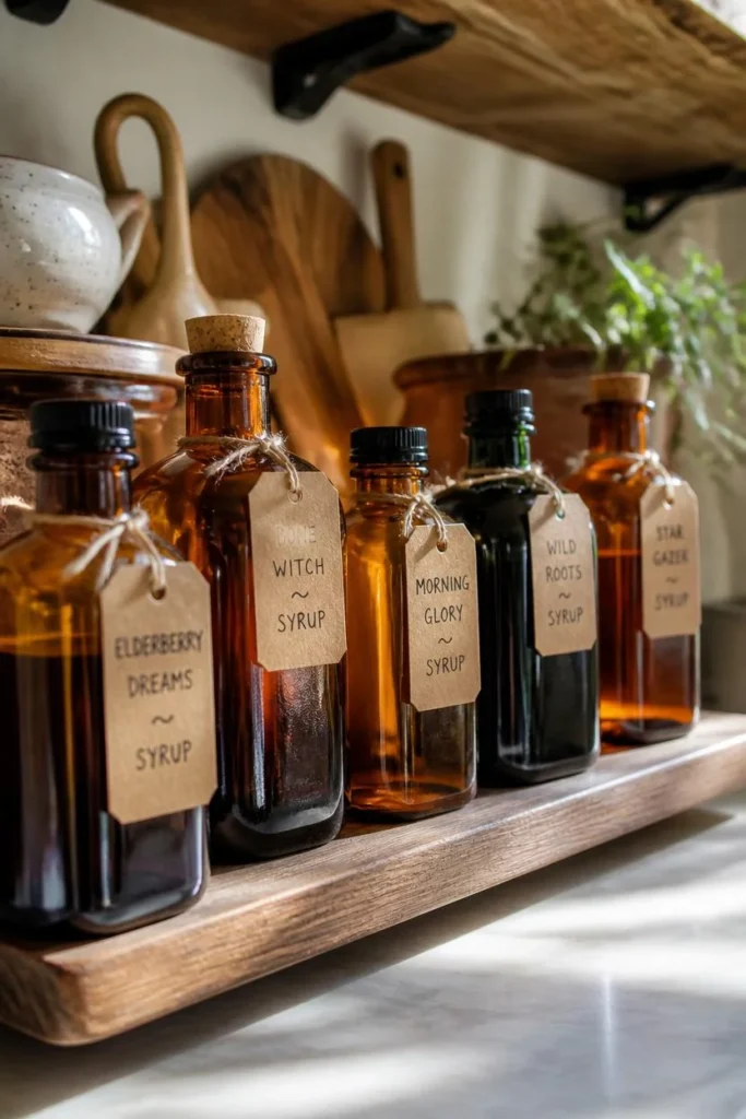 close-up shelf styling shot, featuring a row of amber and dark green apothecary-style glass bottles