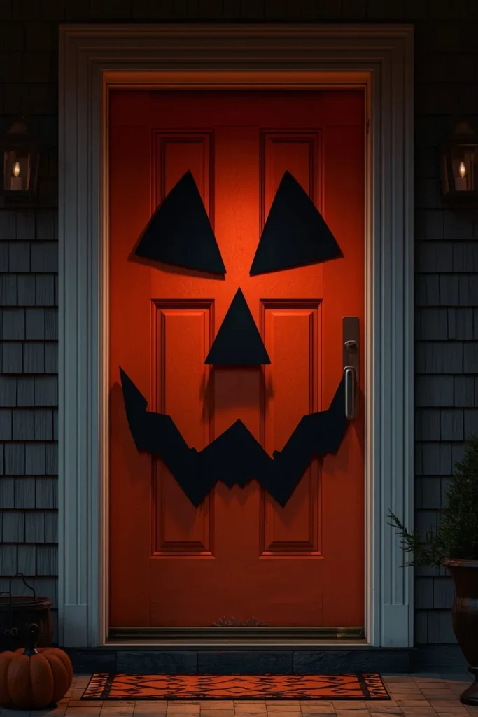front door decorated for Halloween, featuring a giant jack-o'-lantern face