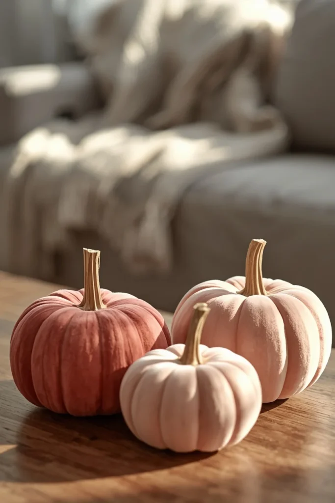 15 Pink Fall Decor Ideas for a Softer Take on Autumn 2 coffee table vignette, featuring three blush pink and dusty rose velvet pumpkins in graduated sizes