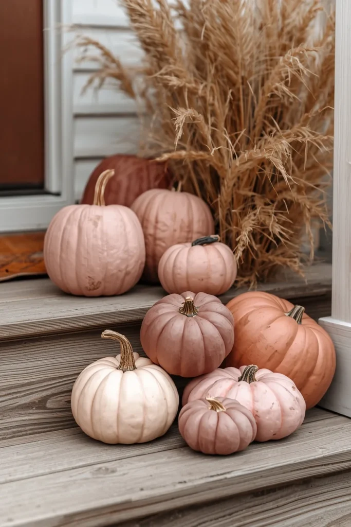 front porch, featuring a cluster of blush, dusty rose, and mauve painted pumpkins
