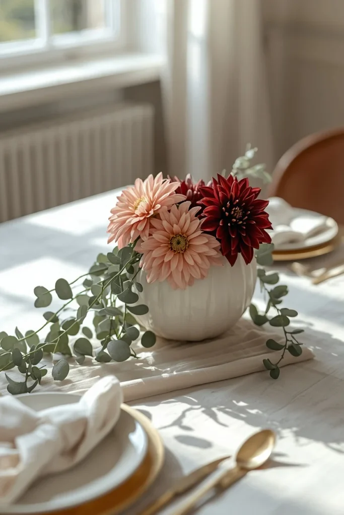 15 Pumpkin Floral Arrangement Ideas for Fall Tables That Feel Effortlessly Elegant 2 dining table, featuring a white pumpkin hollowed and filled with blush and burgundy dahlias