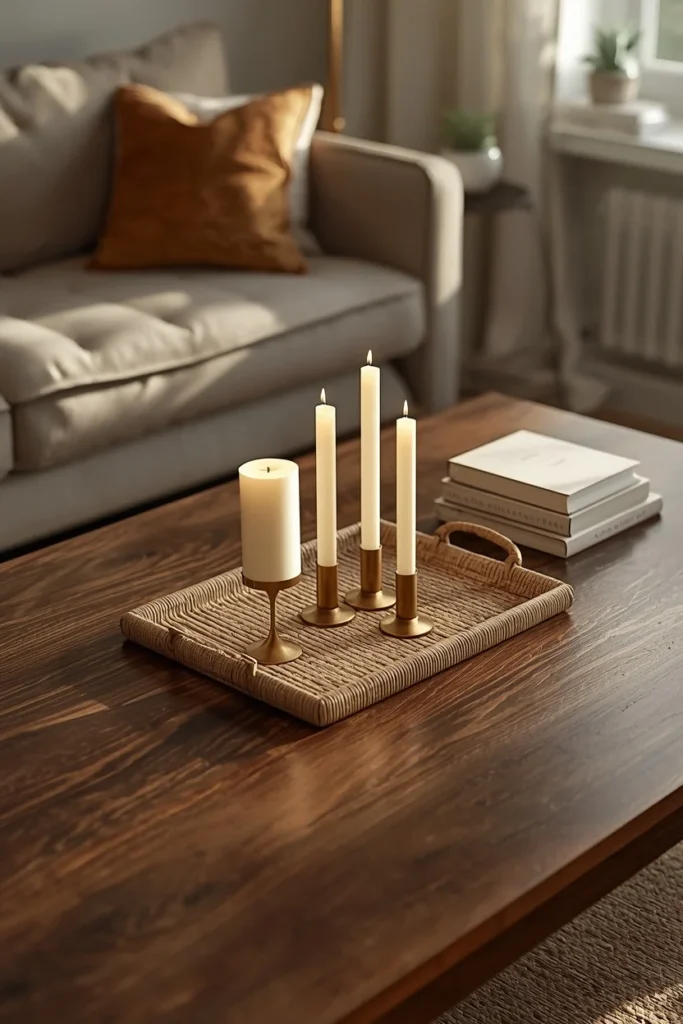 17 Rectangle Coffee Table Fall Decor Ideas That Just Work 2 living room, featuring a long rectangular dark walnut coffee table
