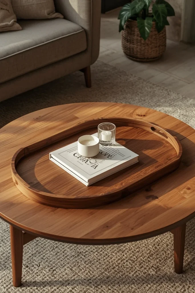  living room, featuring a round walnut coffee table with a centered oval wood tray