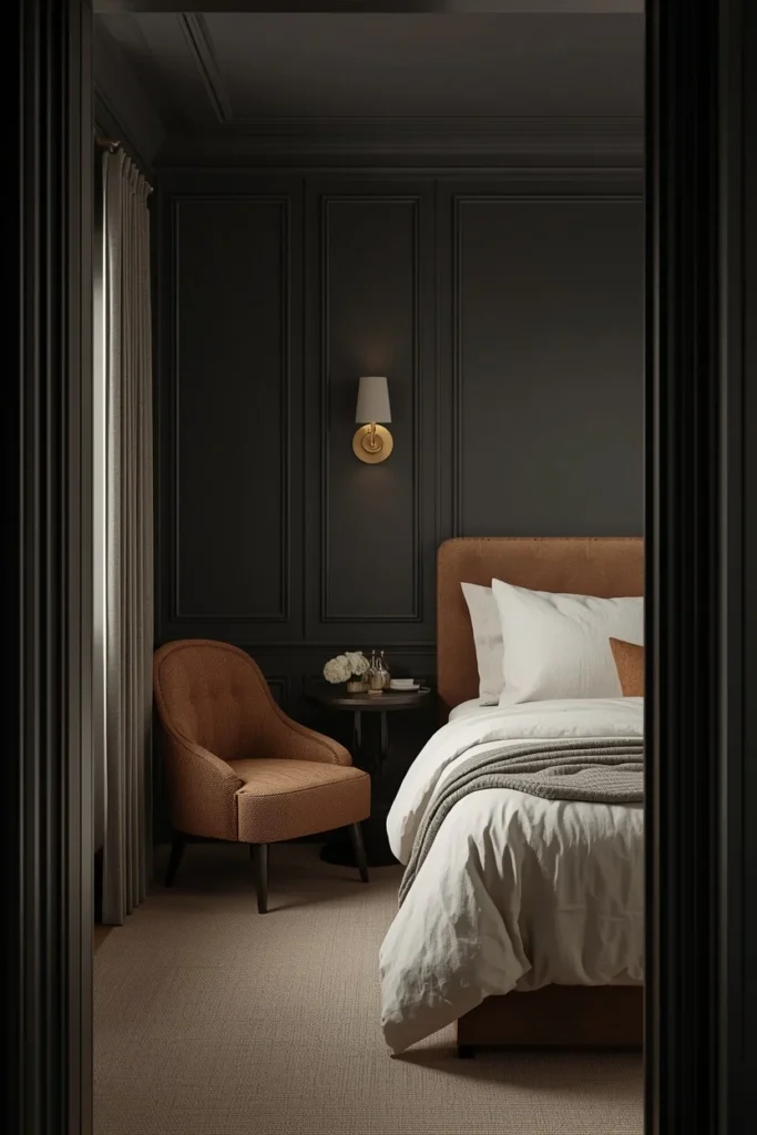 small bedroom, featuring deep charcoal walls, ceiling, and trim painted in one continuous tone