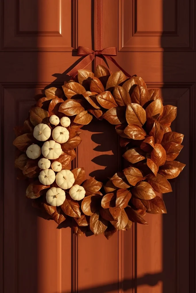  front door close-up, featuring a fall wreath made of glossy magnolia leaves