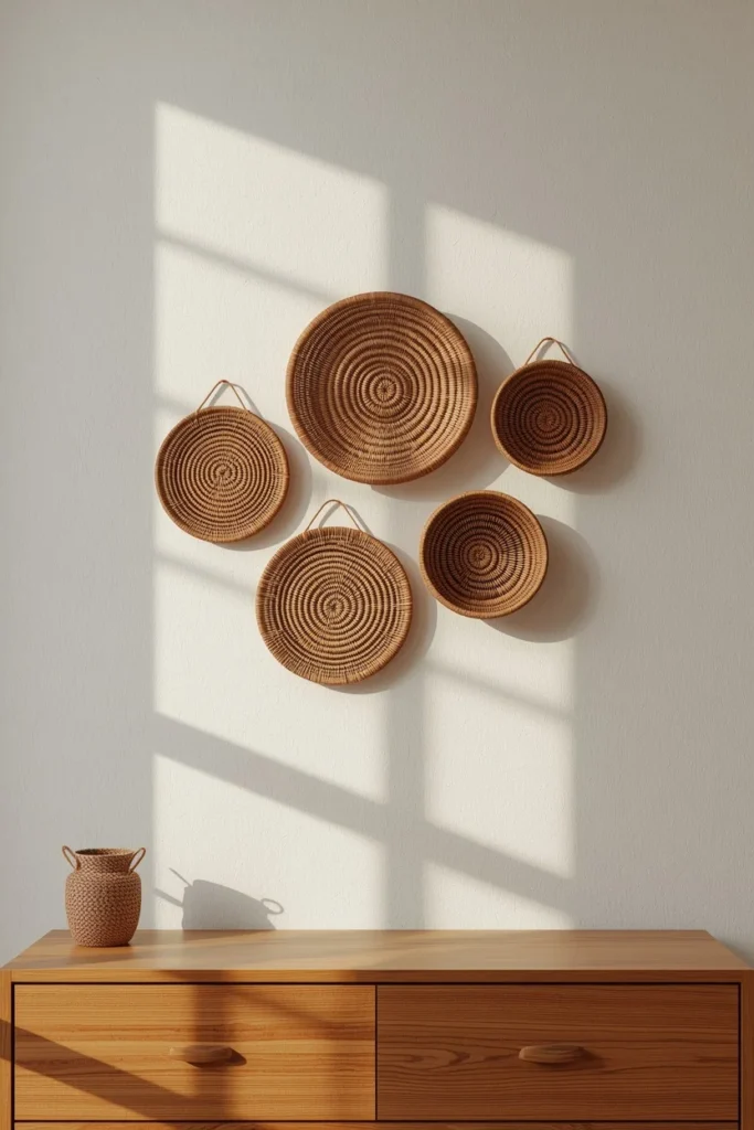 23 Afrobohemian Bedroom Ideas for Warm, Earthy, Soul-Filled Nights 11 bedroom wall detail, featuring an asymmetric cluster of six woven basket