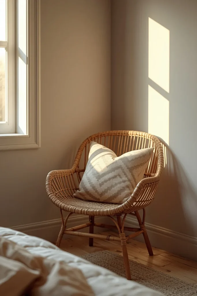 bedroom corner, featuring a woven rattan accent chair with a mudcloth print cushion positioned 