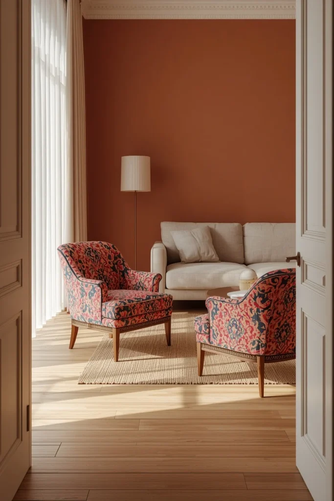 wide angle living room shot, featuring two Ankara-print accent chairs in vibrant pink