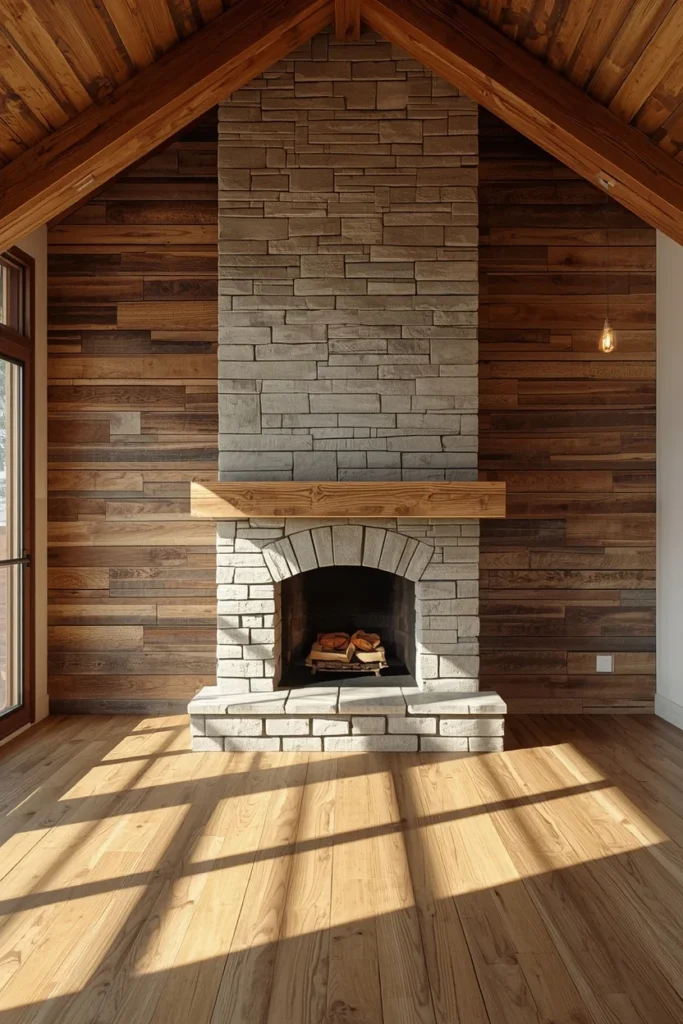 barndominium living room, featuring a reclaimed weathered wood accent wall