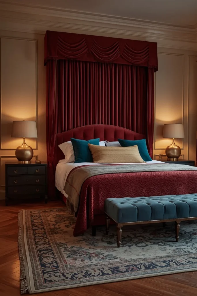 21 Bedroom Color Schemes That Make Your Room Feel Like a Boutique Hotel 11 Bedroom with rich burgundy velvet upholstered headboard and drapery,