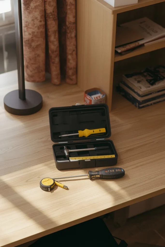 dorm room close-up, featuring a compact tool kit with a screwdriver